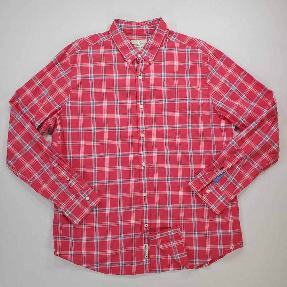American Eagle Shirt Mens XL Salmon Plaid Seriously Soft Classic Fit Button Down